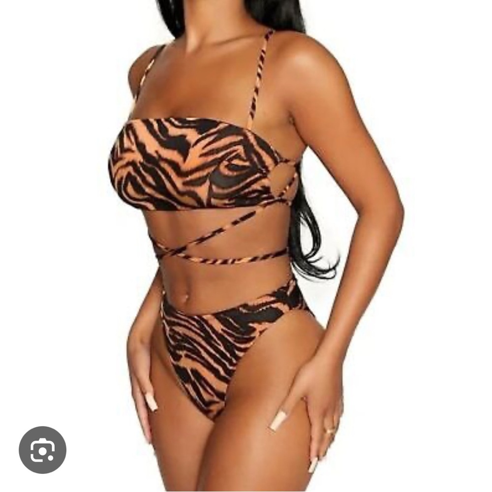 735 Naked Wardrobe 2-Piece Bandeau Strappy Bikini Set in Tiger Women’s